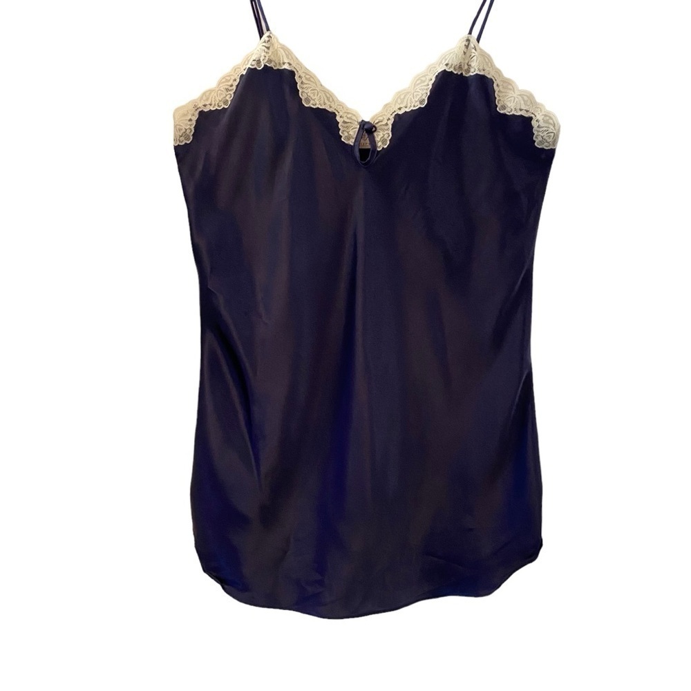 Vintage Van Raalte women's L sleepwear dark blue chemise slip slinky satin lace